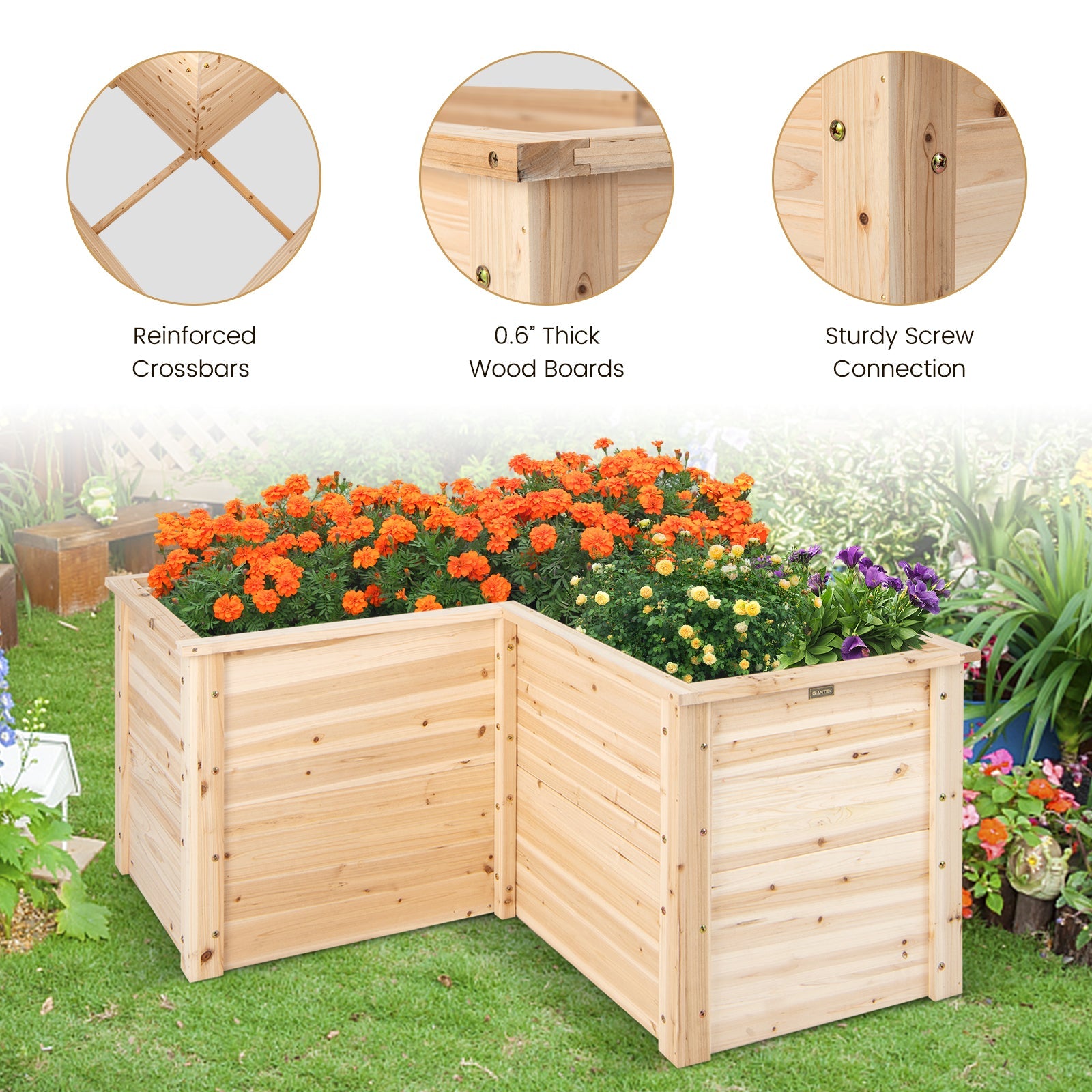 24 Inch L-Shaped Wooden Raised Garden Bed with Open-Ended Base-Natural