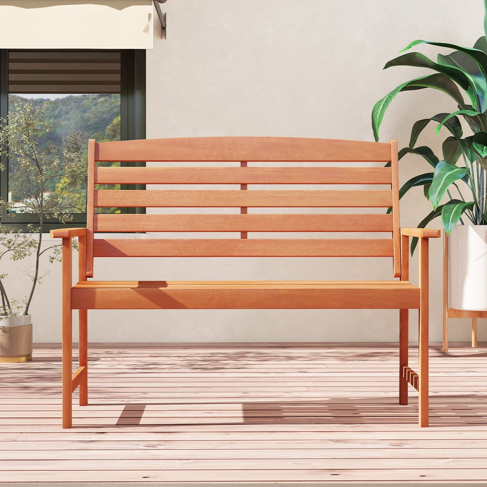 2-Person Wooden Garden Bench with Slatted Backrest and Comfortable Armrests