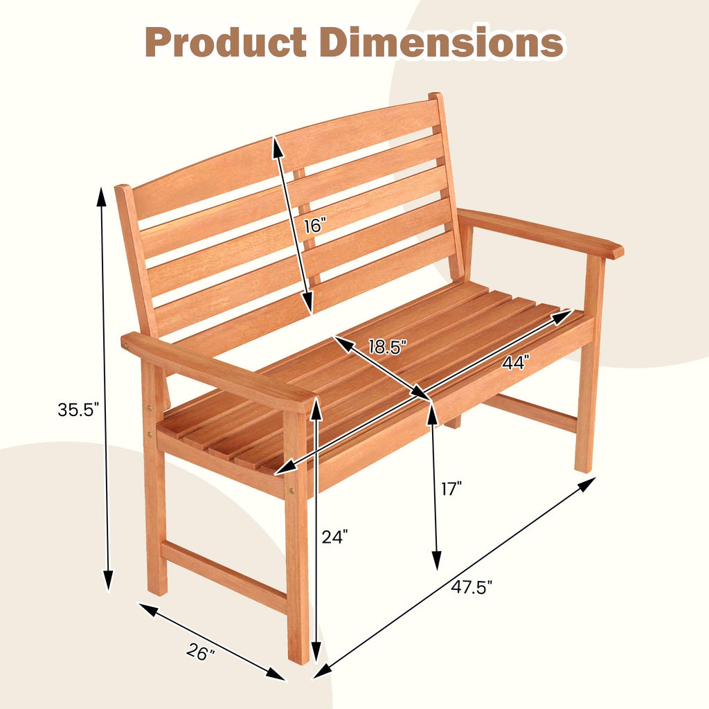 2-Person Wooden Garden Bench with Slatted Backrest and Comfortable Armrests