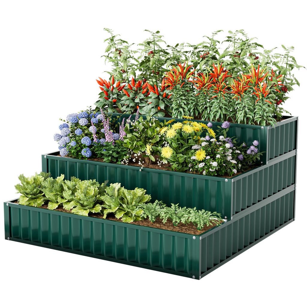 Heavy-Duty Metal Outdoor 3-Tier Raised Garden Bed Planter Box-Green