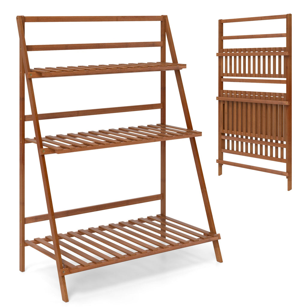 3-Tier Bamboo Ladder Shelf Foldable Plant Flower Bookshelf-Brown