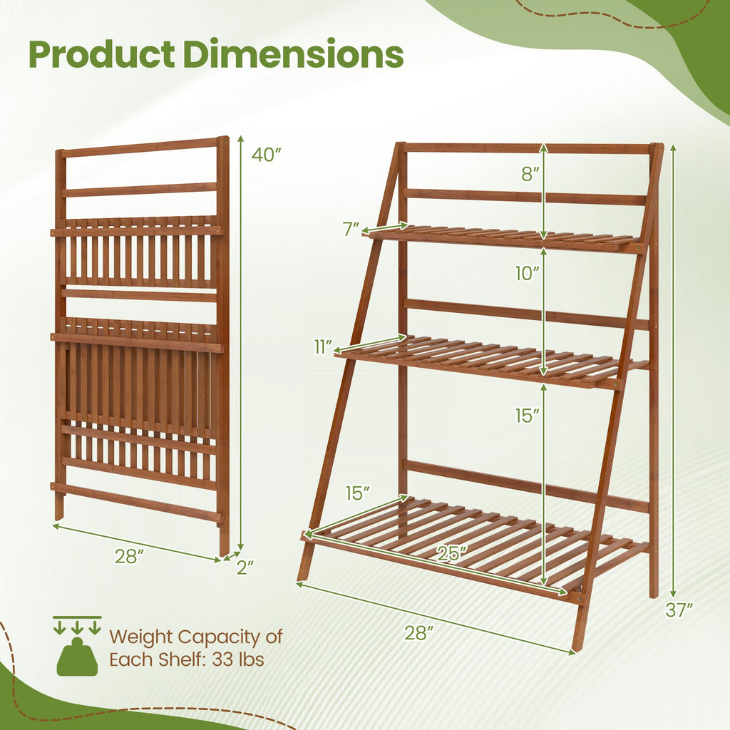 3-Tier Bamboo Ladder Shelf Foldable Plant Flower Bookshelf-Brown