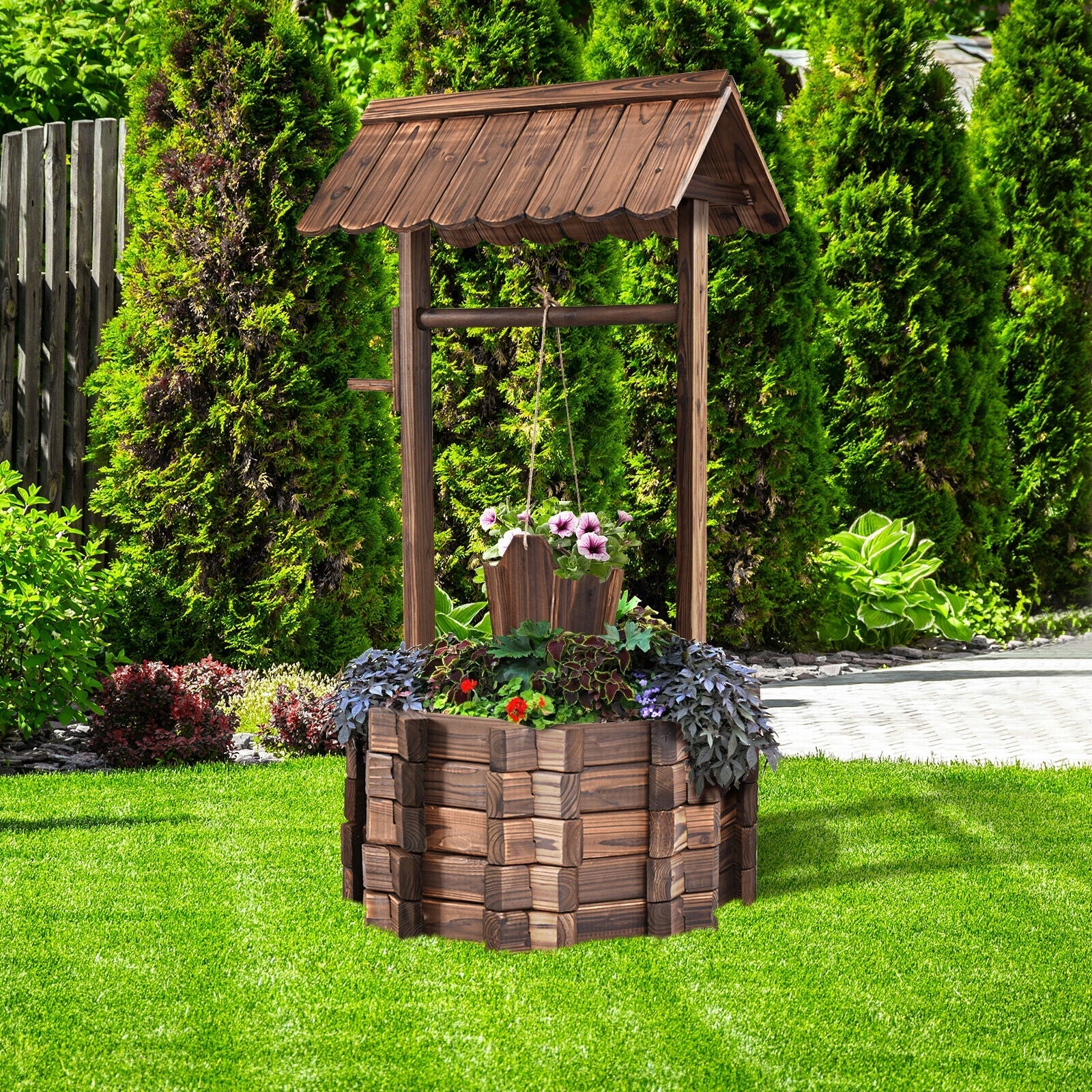 Outdoor Wooden Wishing Well Planter Bucket