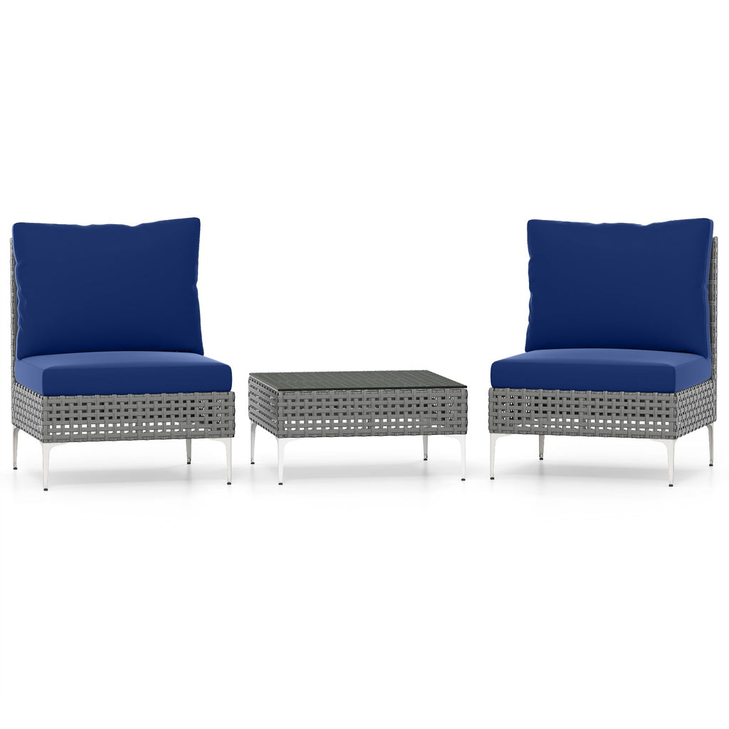 3 Pieces PE Rattan Conversation Chairs with Tempered Glass Coffee Table for Garden Porch-Navy