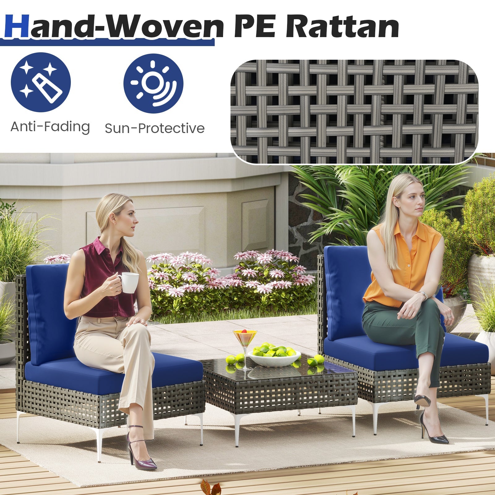 3 Pieces PE Rattan Conversation Chairs with Tempered Glass Coffee Table for Garden Porch-Navy
