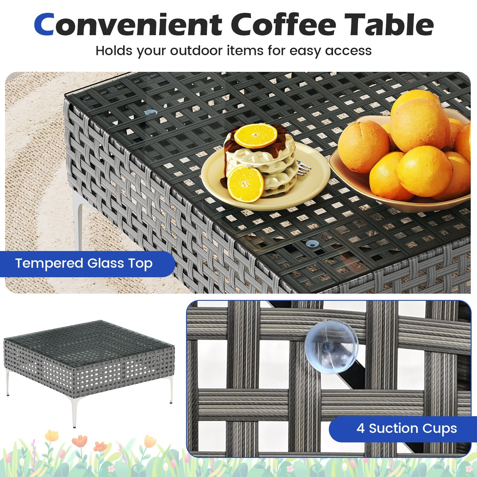 3 Pieces PE Rattan Conversation Chairs with Tempered Glass Coffee Table for Garden Porch-Navy