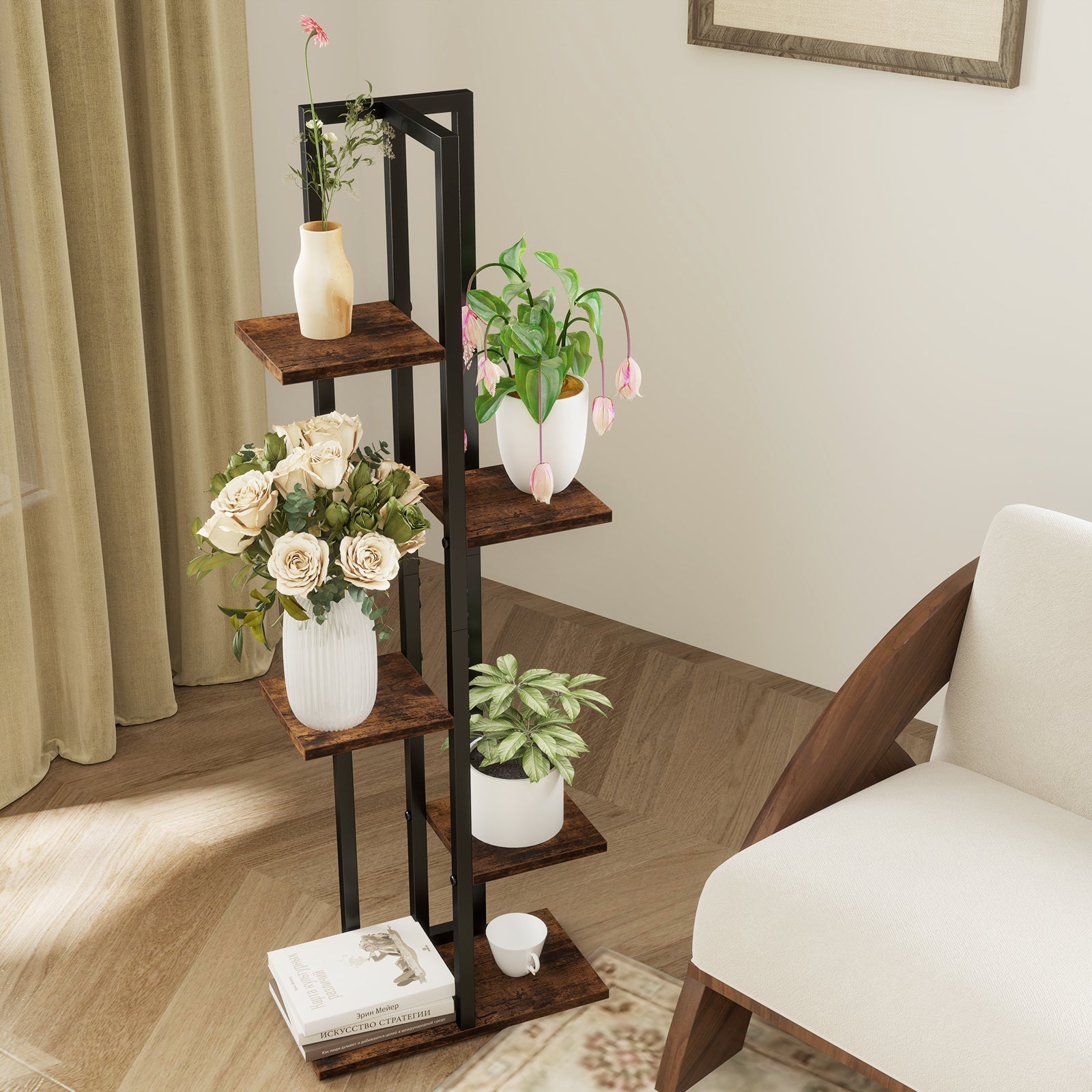 3 Pieces Tall Wood Plant Stand Set 4+5+6-Tier Indoor Flower Stands-Rustic Brown