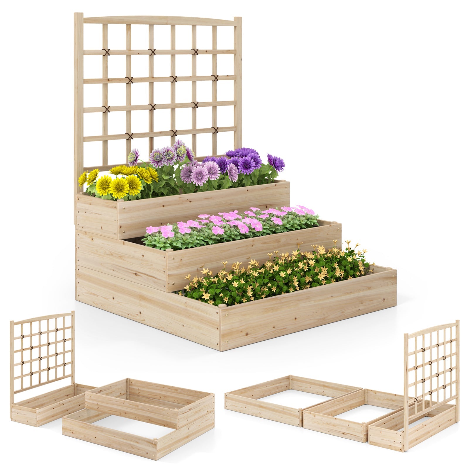 3-Tier Raised Garden Bed with Lattice Trellis and Open-Ended Base-Natural