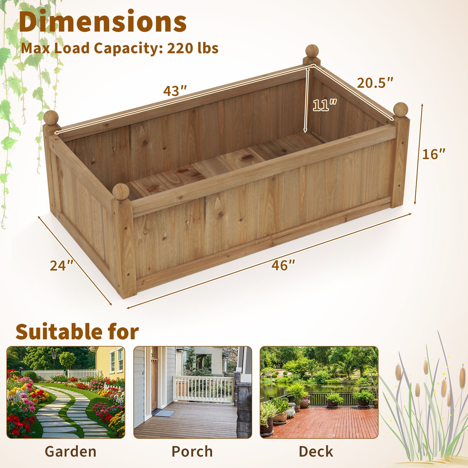 46 x 24 x 16 Inch Rectangular Planter Box with Drainage Holes for Backyard Garden Lawn-Brown
