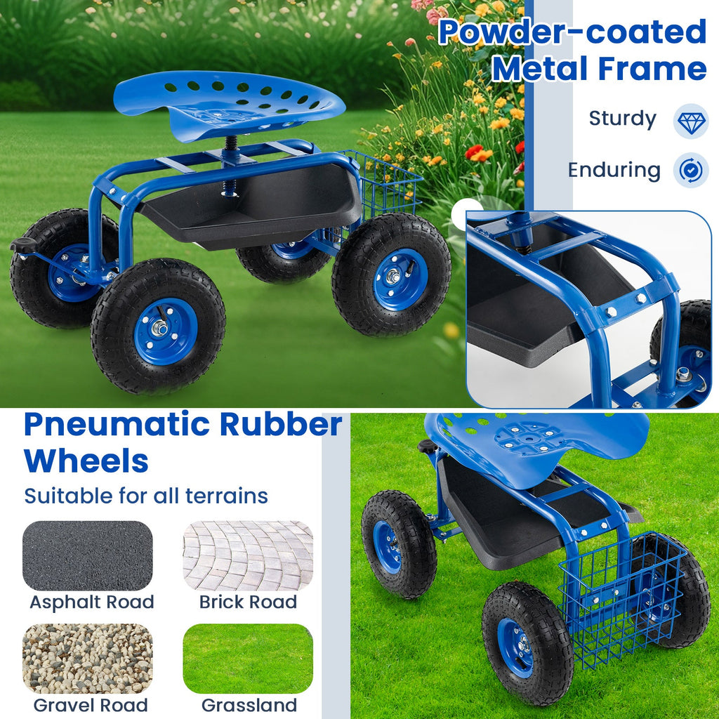 4-Wheel Rolling Garden Cart Work Seat-Blue