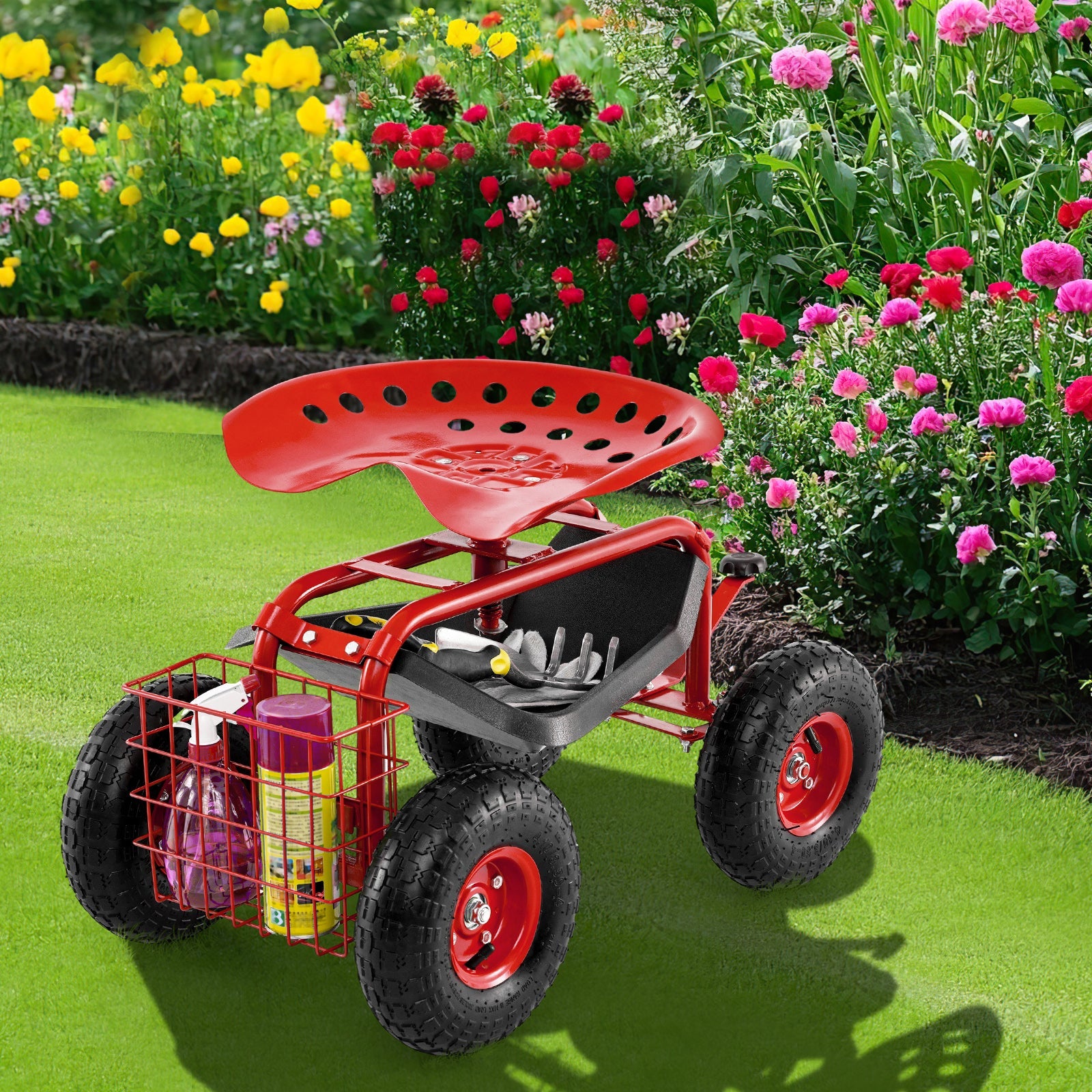 4-Wheel Rolling Garden Cart Work Seat-Red