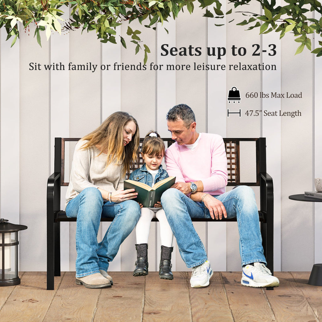 50 Inch Outdoor Metal Garden Bench with Rattan-Like Backrest for 2-3 People-Black