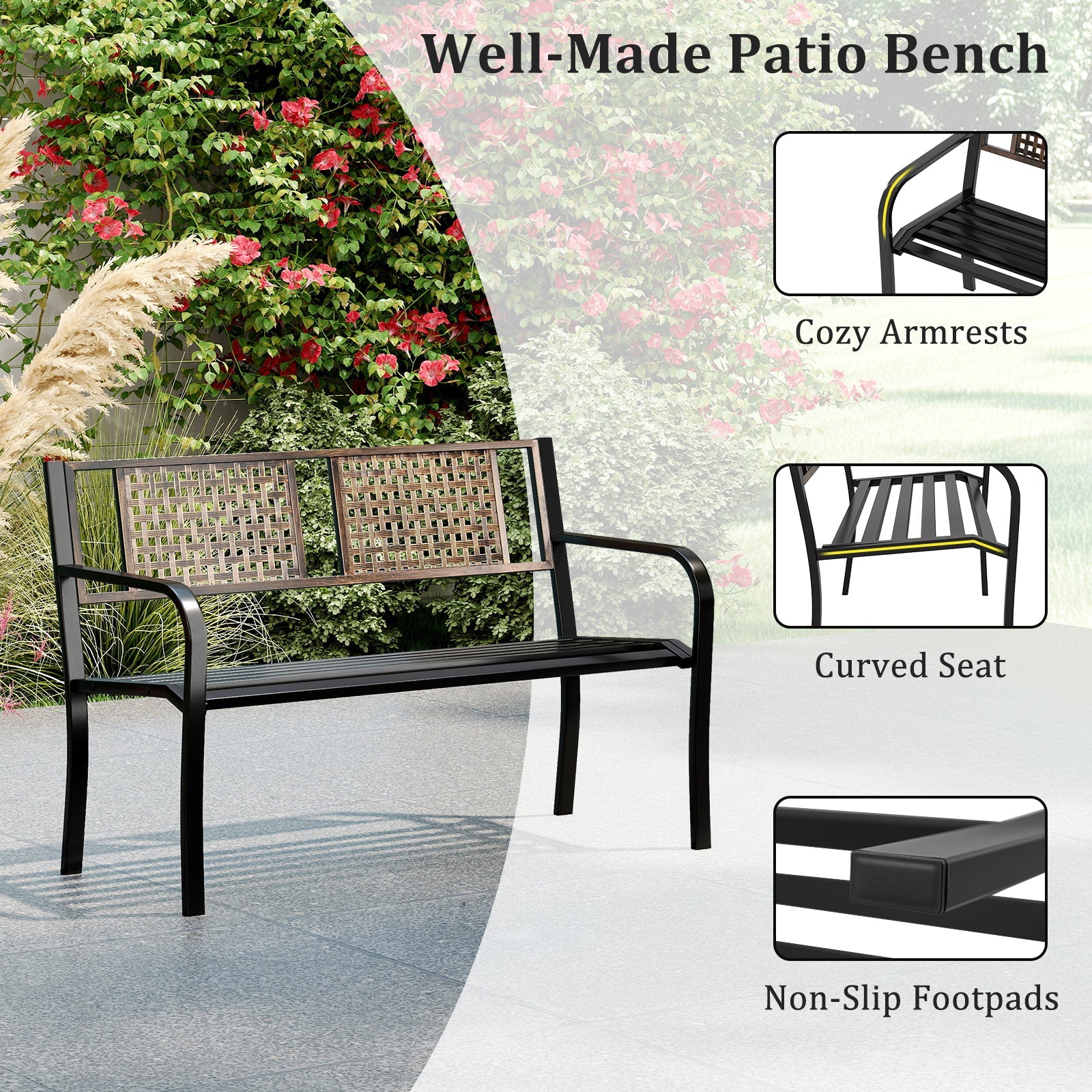 50 Inch Outdoor Metal Garden Bench with Rattan-Like Backrest for 2-3 People-Black