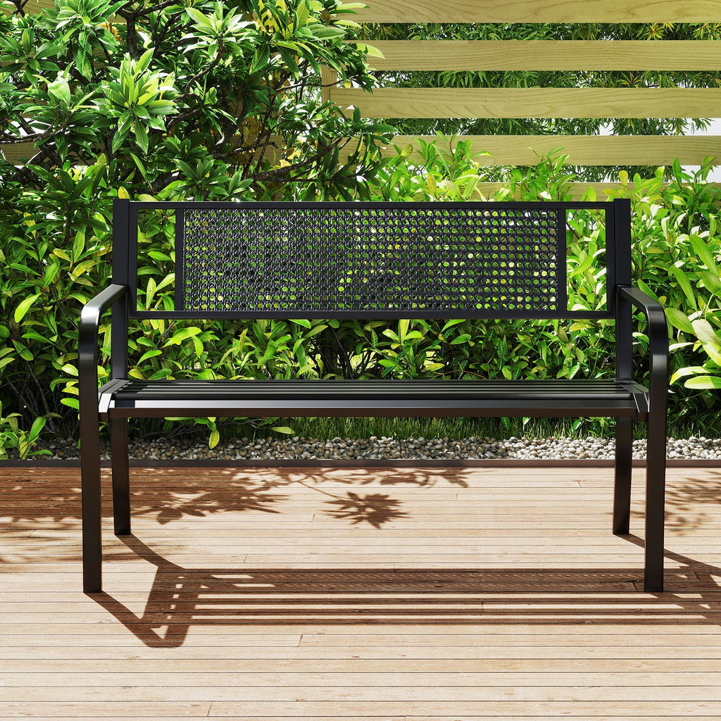 50 Inches Garden Bench with Patterned Backrest and Curved Armrests-Black