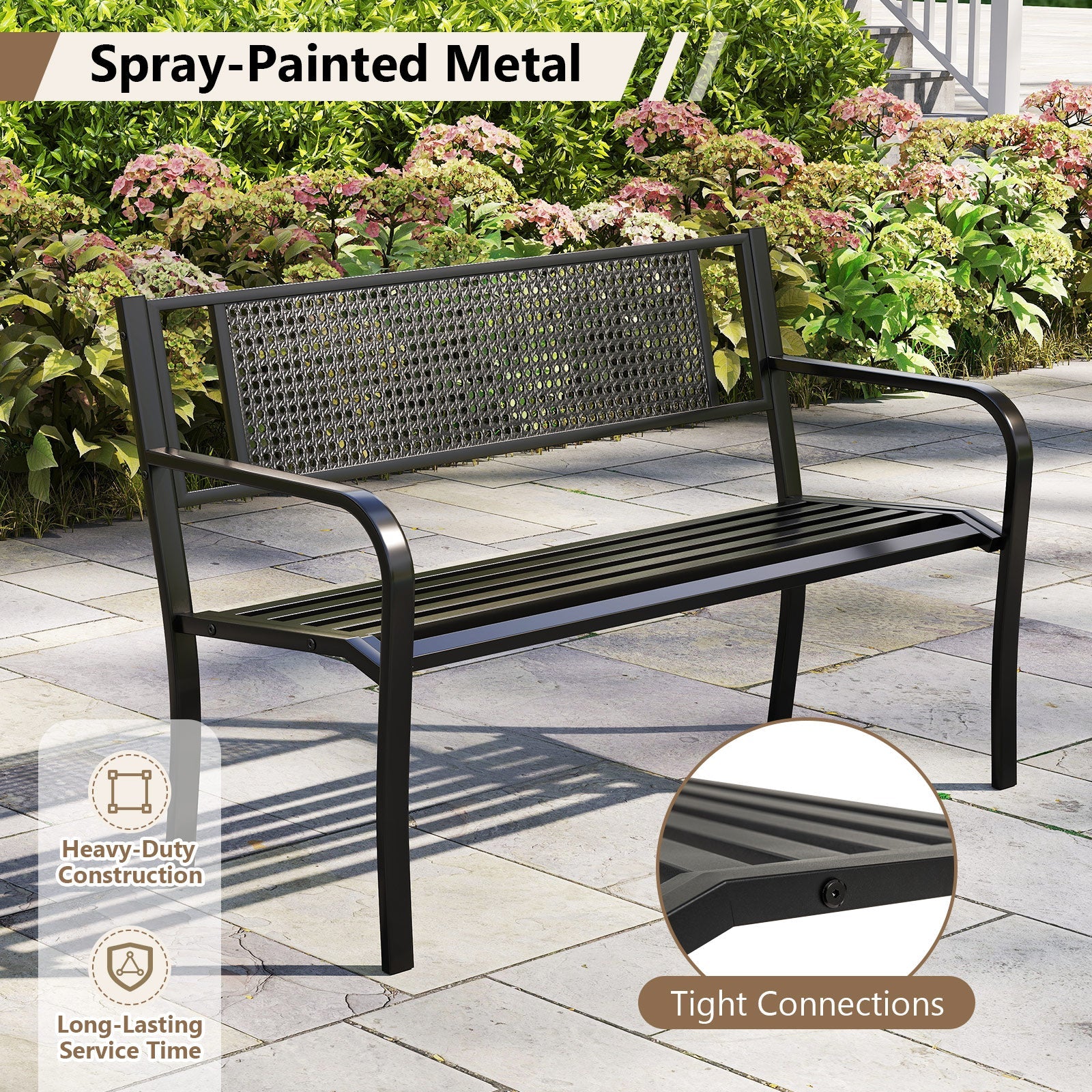 50 Inches Garden Bench with Patterned Backrest and Curved Armrests-Black