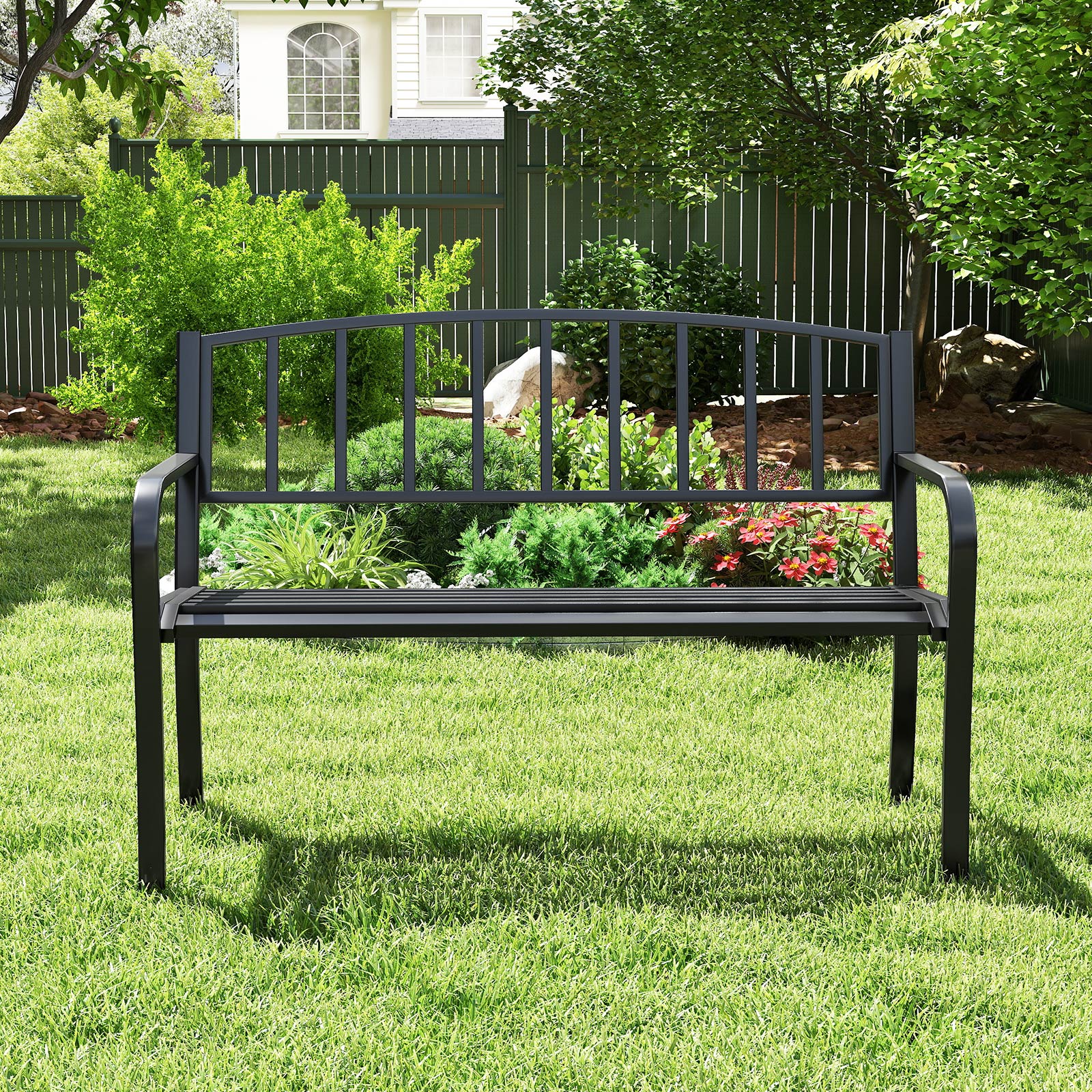 50 Inches Outdoor Garden Bench with Slatted Backrest and Curved Armrests-Black