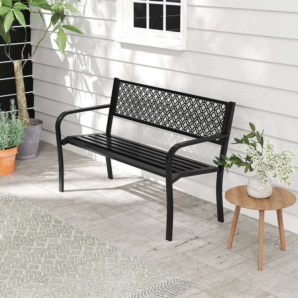 50 Inches Outdoor Garden Bench with Geometric Lattice Backrest and Slatted Seat-Black