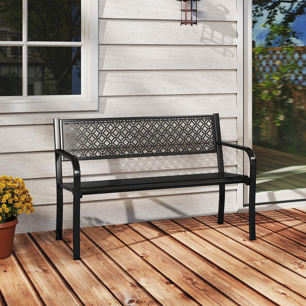50 Inches Outdoor Garden Bench with Geometric Lattice Backrest and Slatted Seat-Black