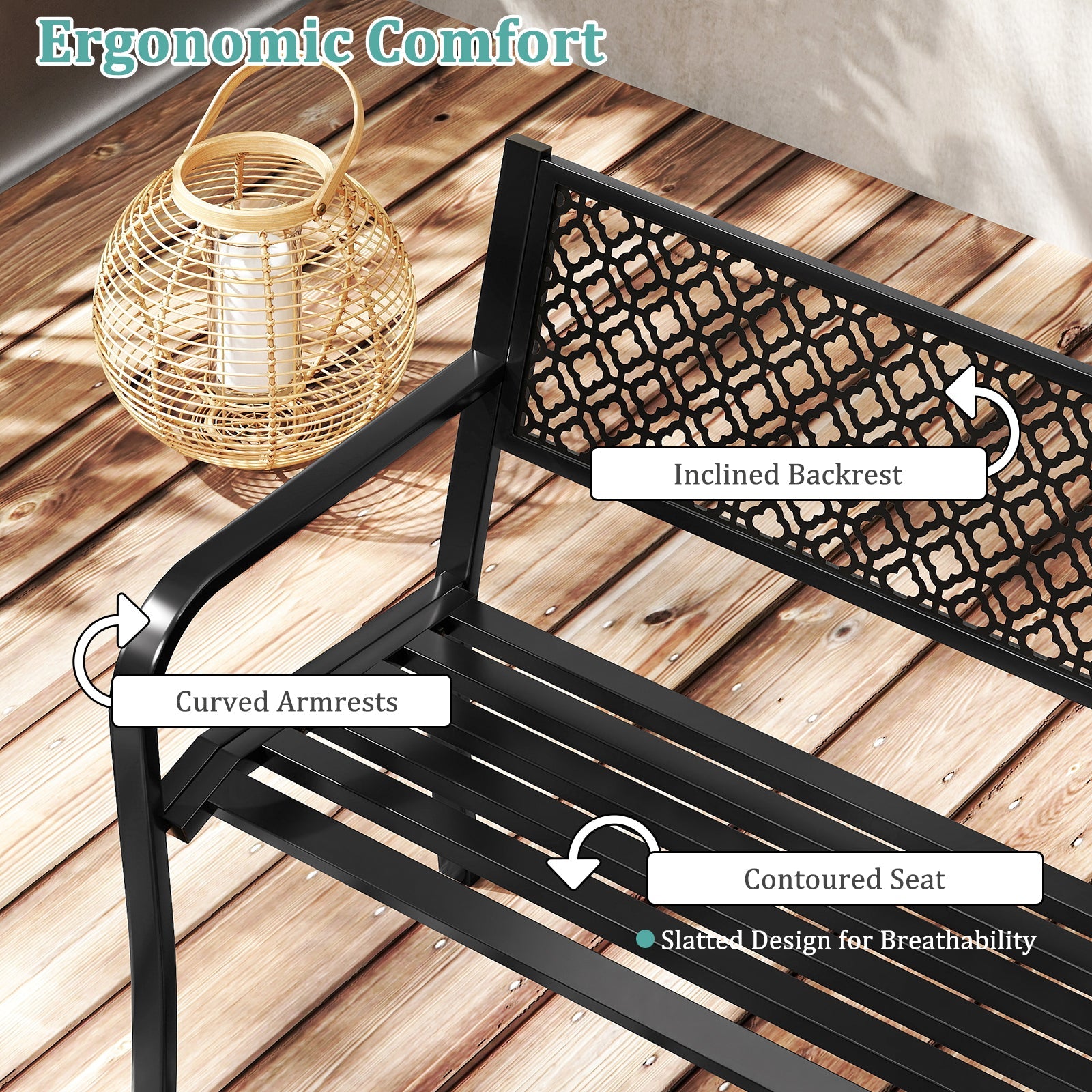 50 Inches Outdoor Garden Bench with Geometric Lattice Backrest and Slatted Seat-Black