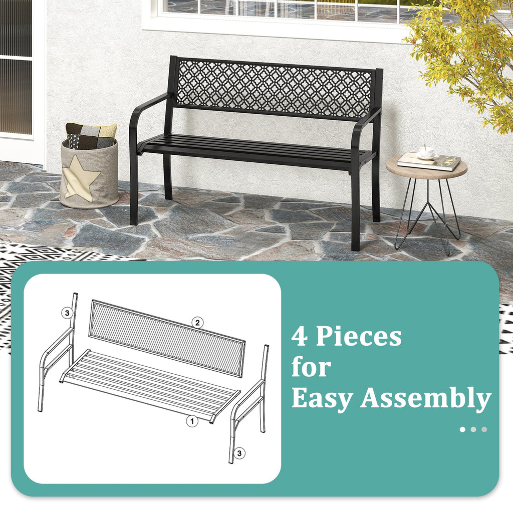 50 Inches Outdoor Garden Bench with Geometric Lattice Backrest and Slatted Seat-Black