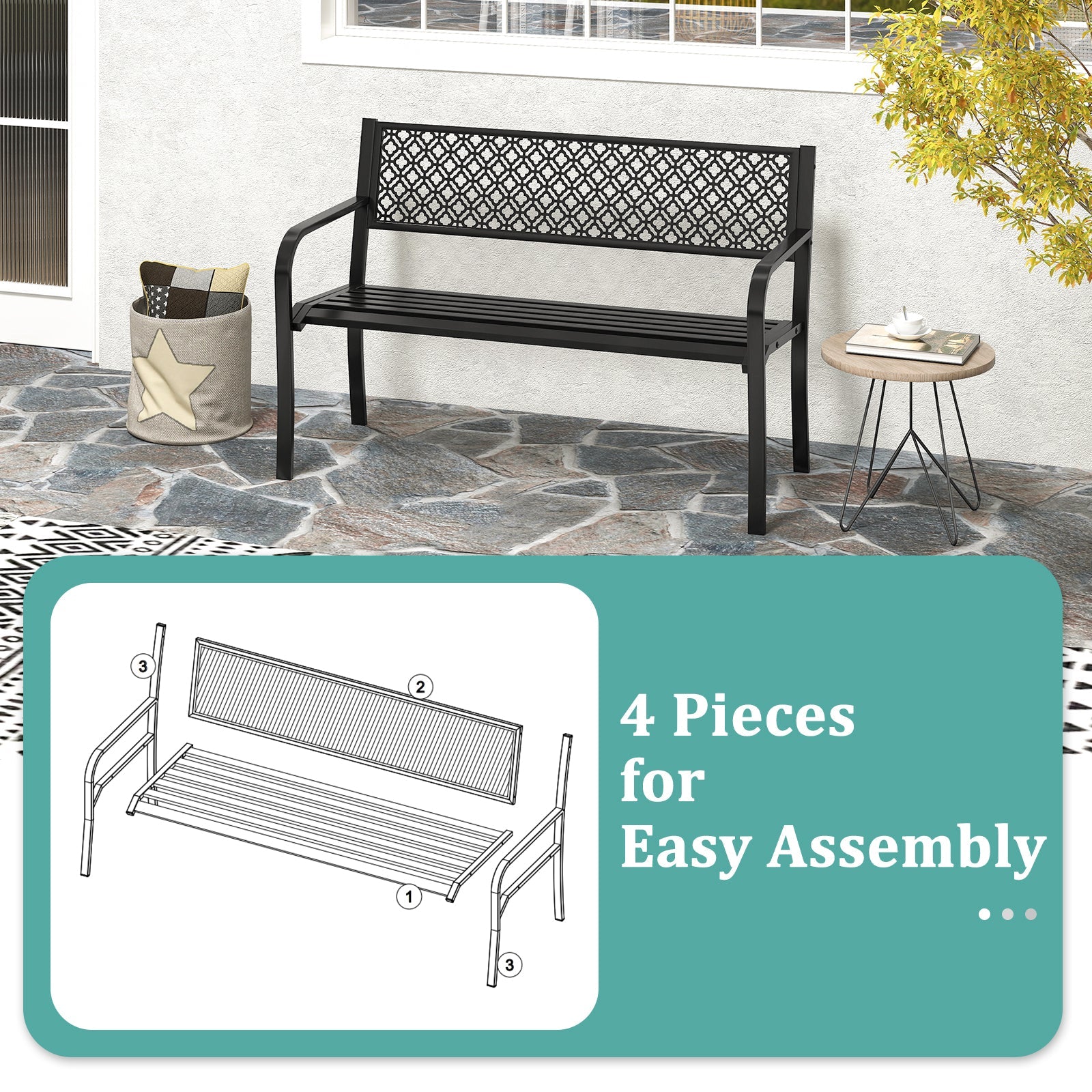 50 Inches Outdoor Garden Bench with Geometric Lattice Backrest and Slatted Seat-Black