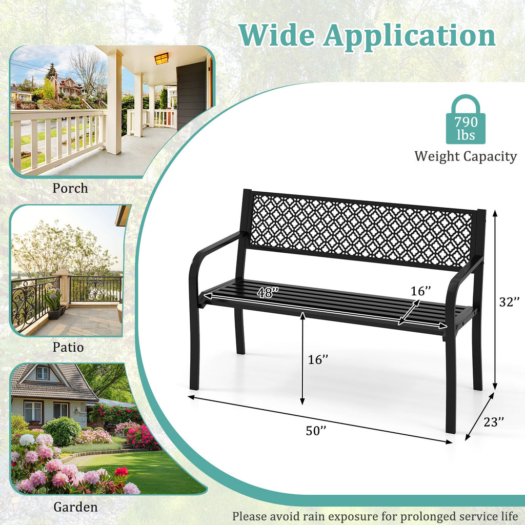 50 Inches Outdoor Garden Bench with Geometric Lattice Backrest and Slatted Seat-Black