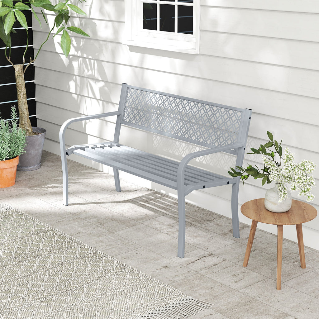 50 Inches Outdoor Garden Bench with Geometric Lattice Backrest and Slatted Seat-Gray