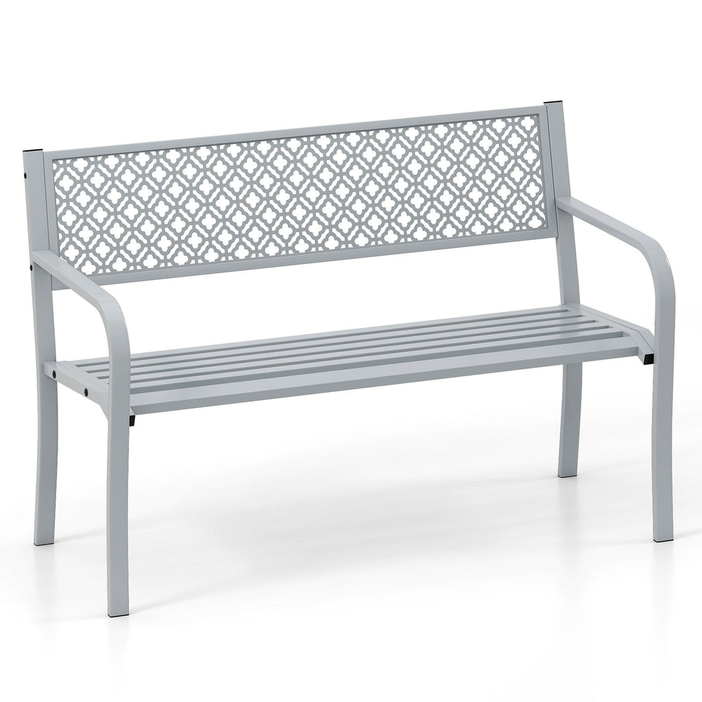 50 Inches Outdoor Garden Bench with Geometric Lattice Backrest and Slatted Seat-Gray