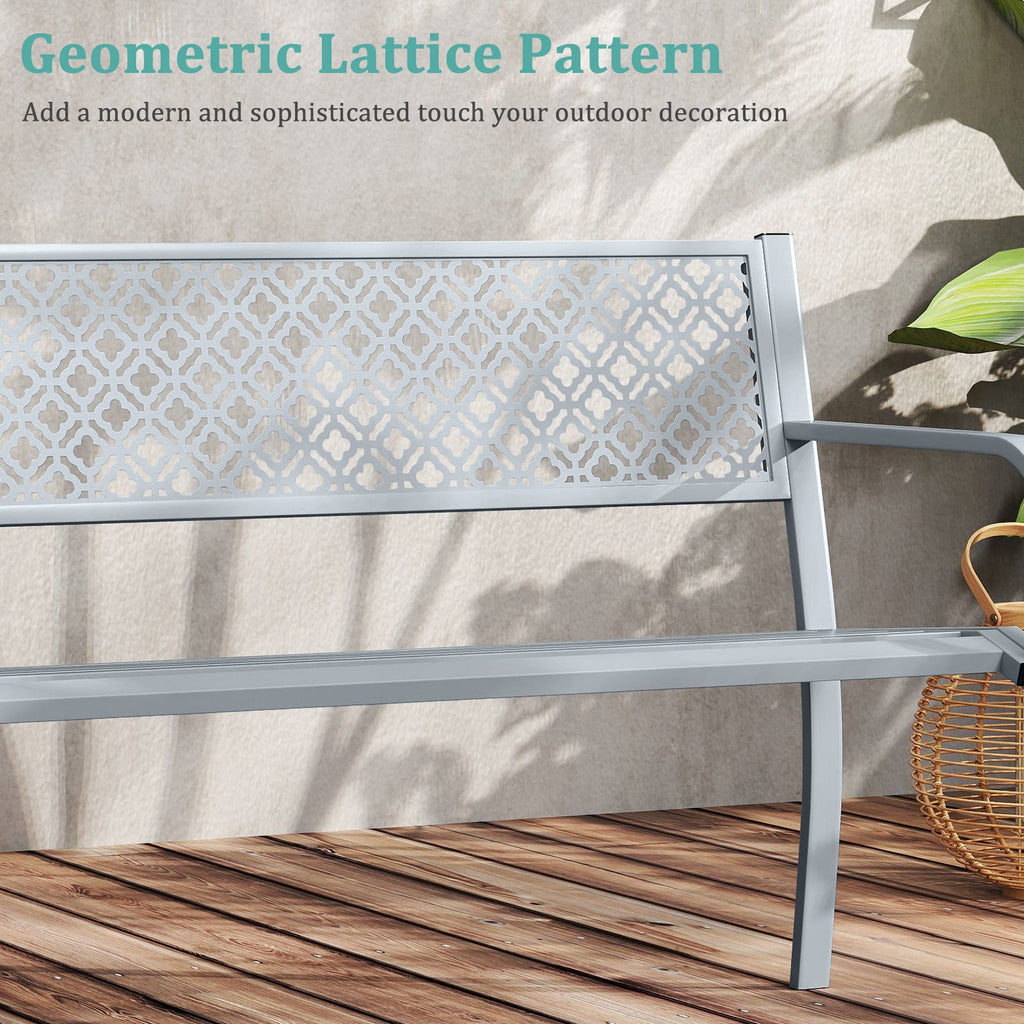 50 Inches Outdoor Garden Bench with Geometric Lattice Backrest and Slatted Seat-Gray