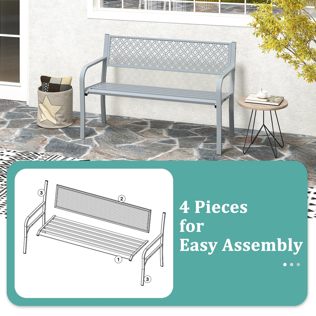 50 Inches Outdoor Garden Bench with Geometric Lattice Backrest and Slatted Seat-Gray