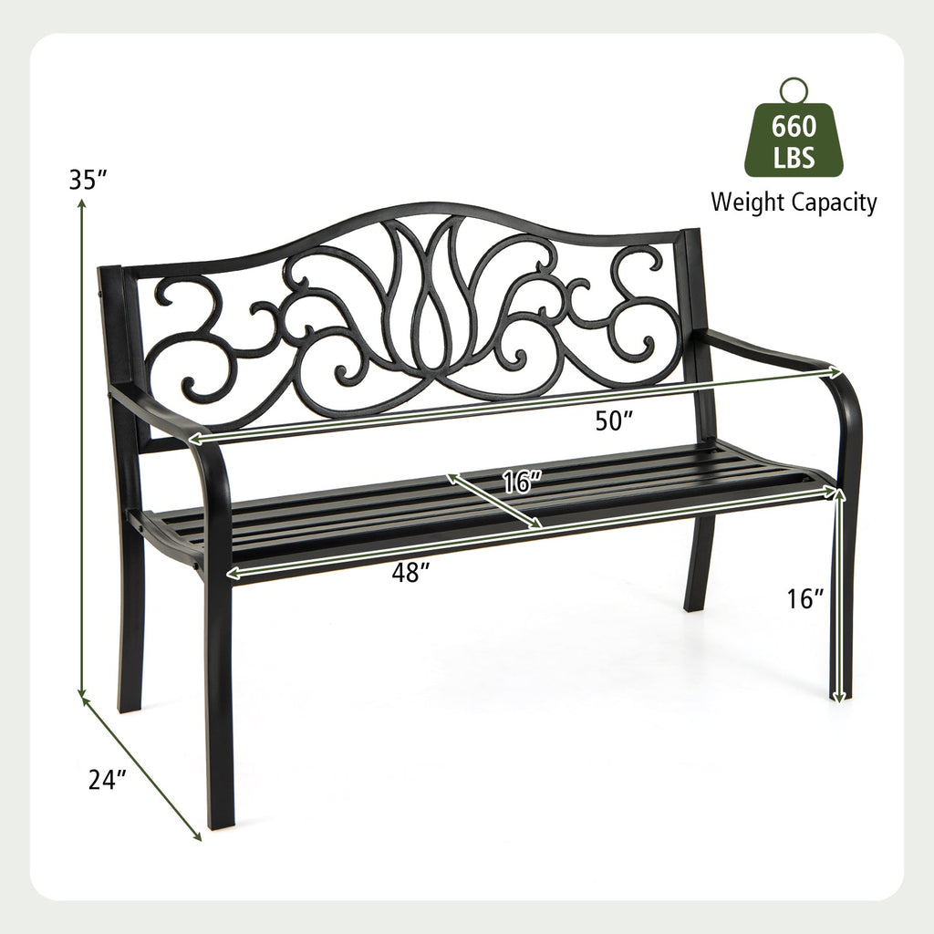 50 Inches Outdoor Garden Bench with Floral Design Backrest and Slatted Seat-Black