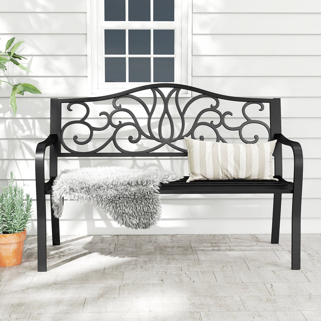 50 Inches Outdoor Garden Bench with Floral Design Backrest and Slatted Seat-Black