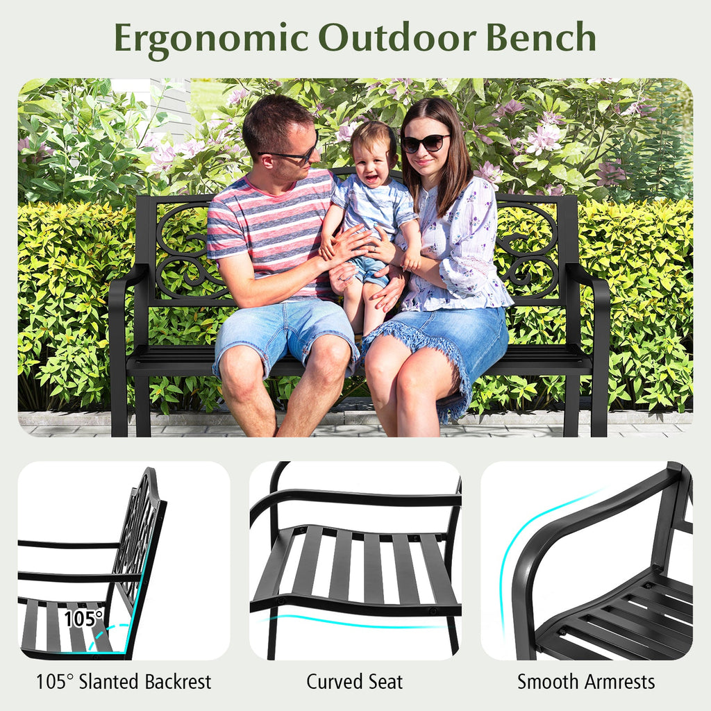 50 Inches Outdoor Garden Bench with Floral Design Backrest and Slatted Seat-Black
