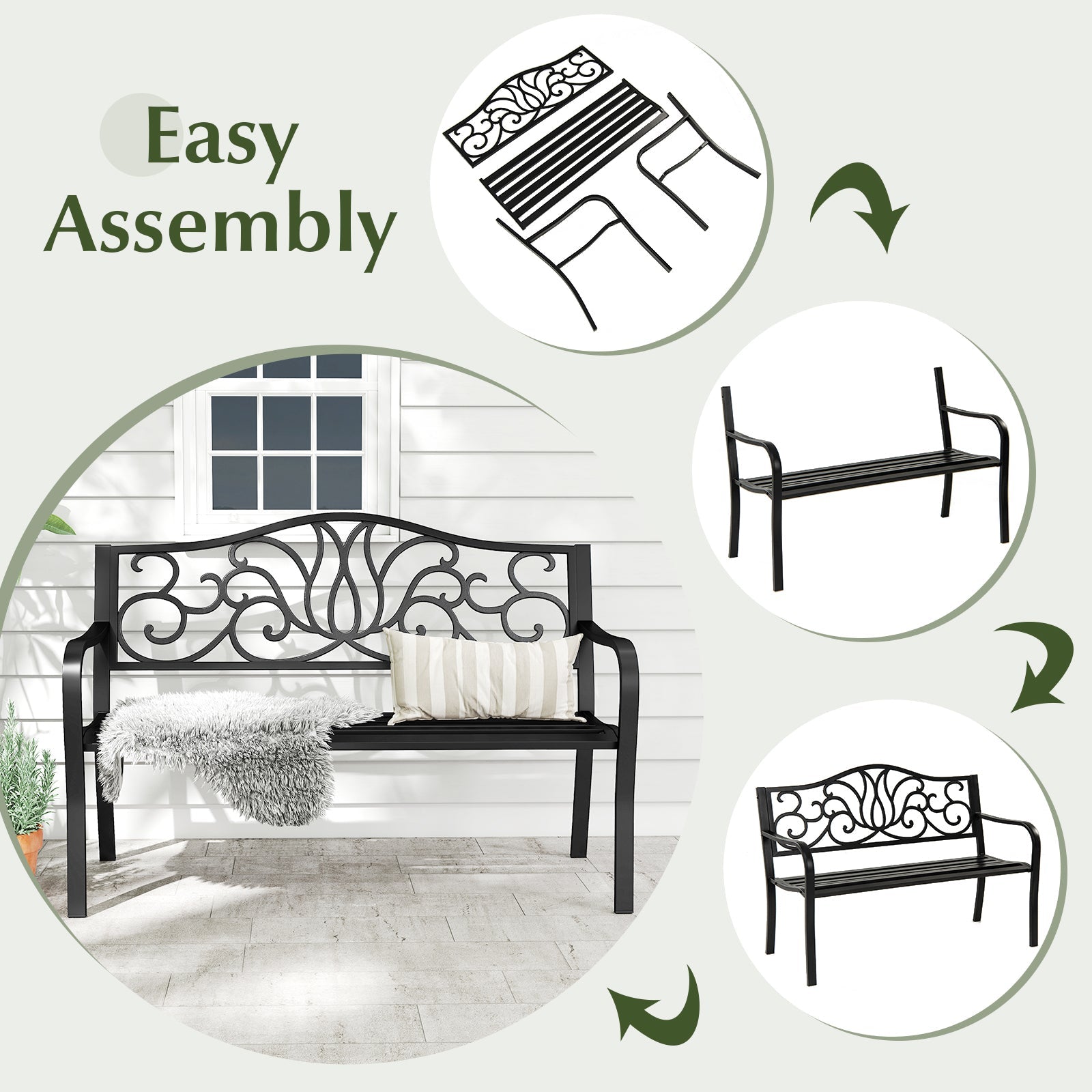 50 Inches Outdoor Garden Bench with Floral Design Backrest and Slatted Seat-Black