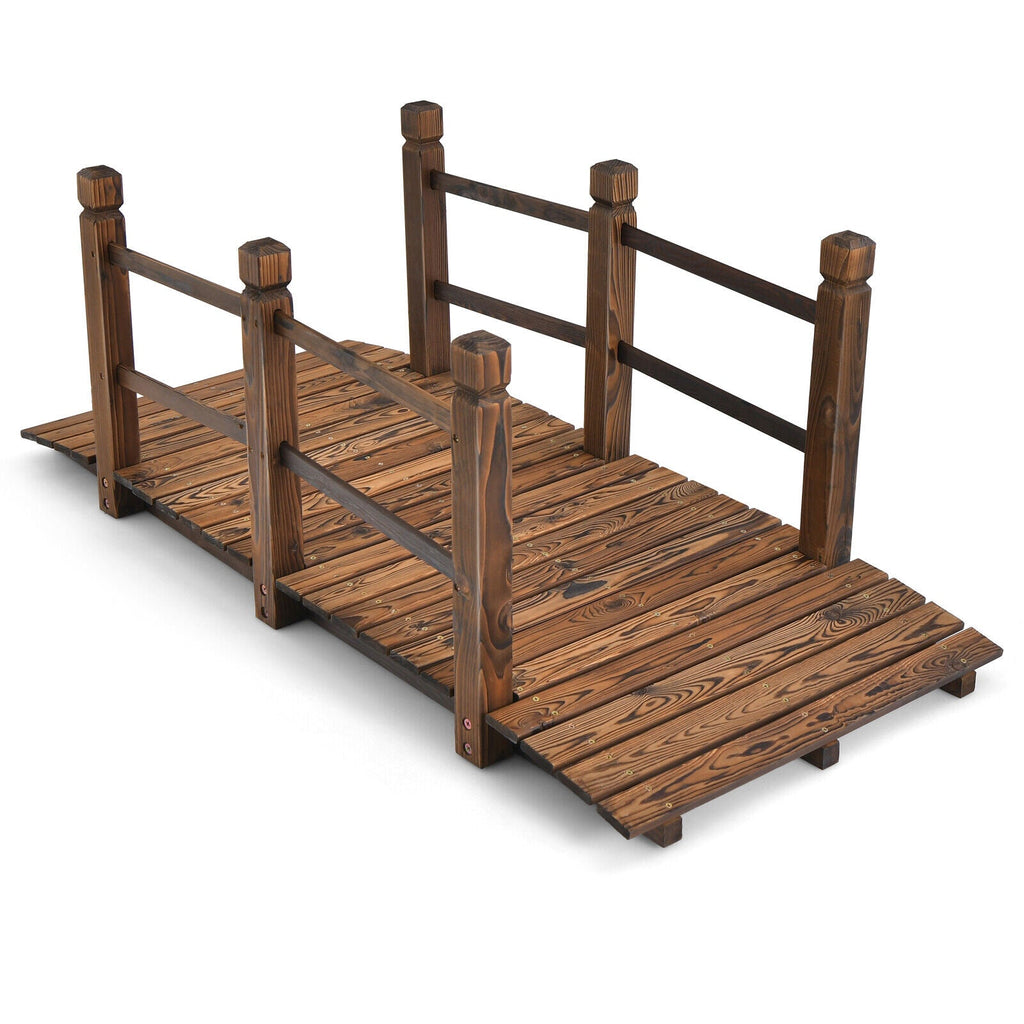 5 Feet Wooden Garden Bridge with Safety Rails-Brown