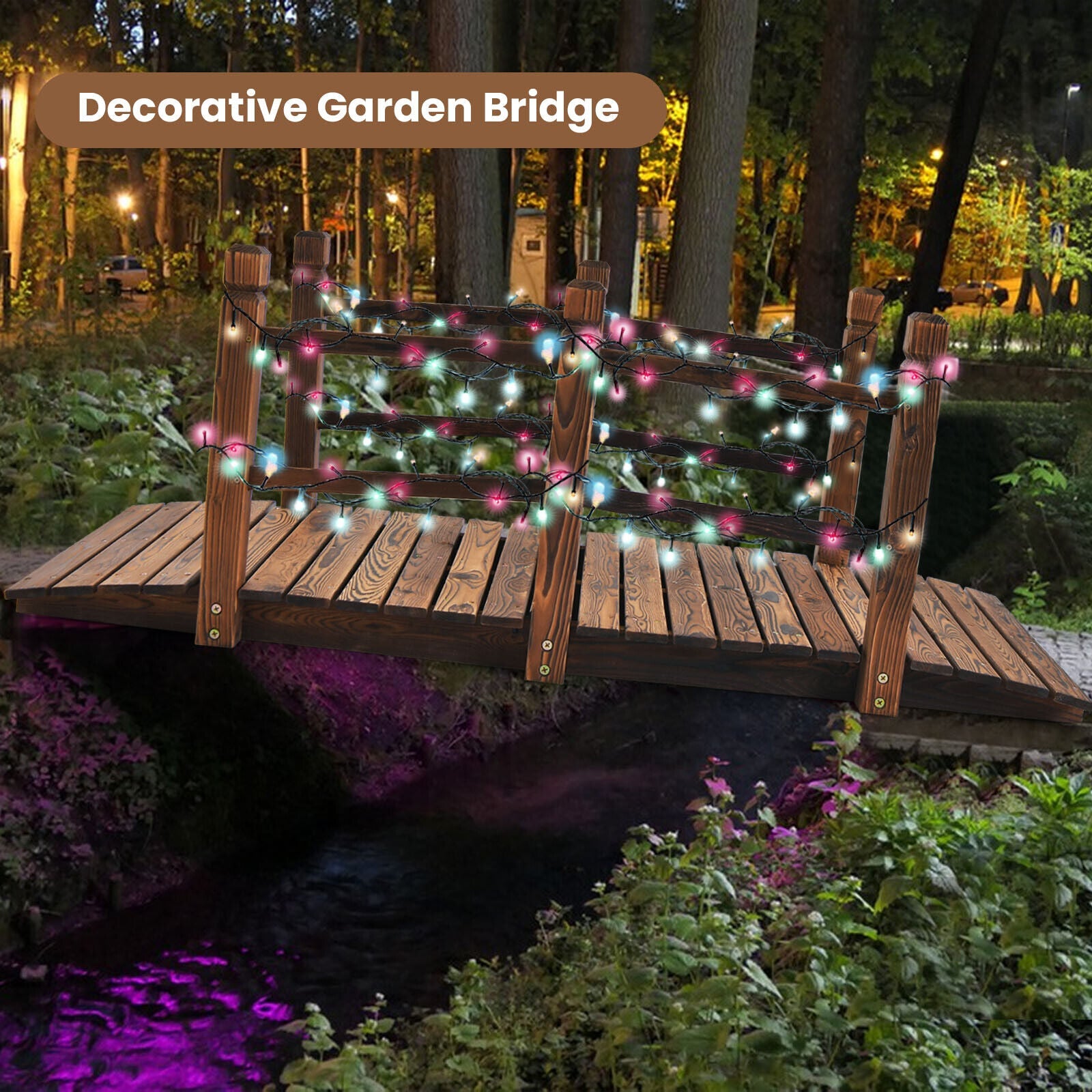 5 Feet Wooden Garden Bridge with Safety Rails-Brown