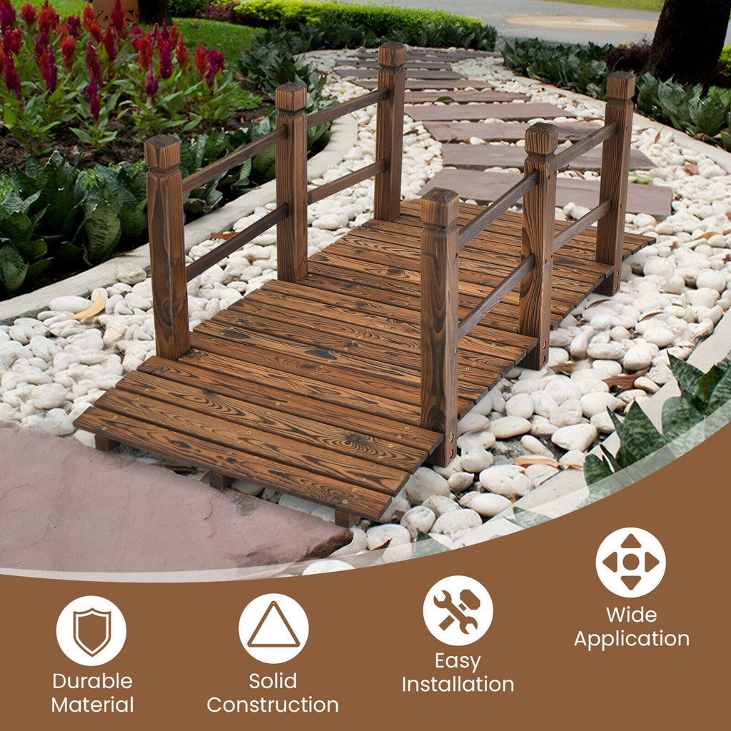 5 Feet Wooden Garden Bridge with Safety Rails-Brown