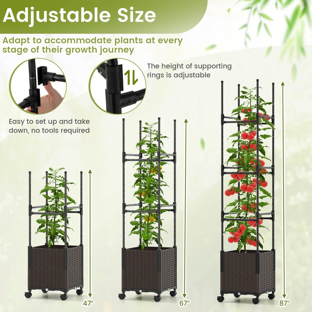 87 Inch Tall Raised Garden Bed with Plant Box Trellis and Lockable Wheels Adjustable Height