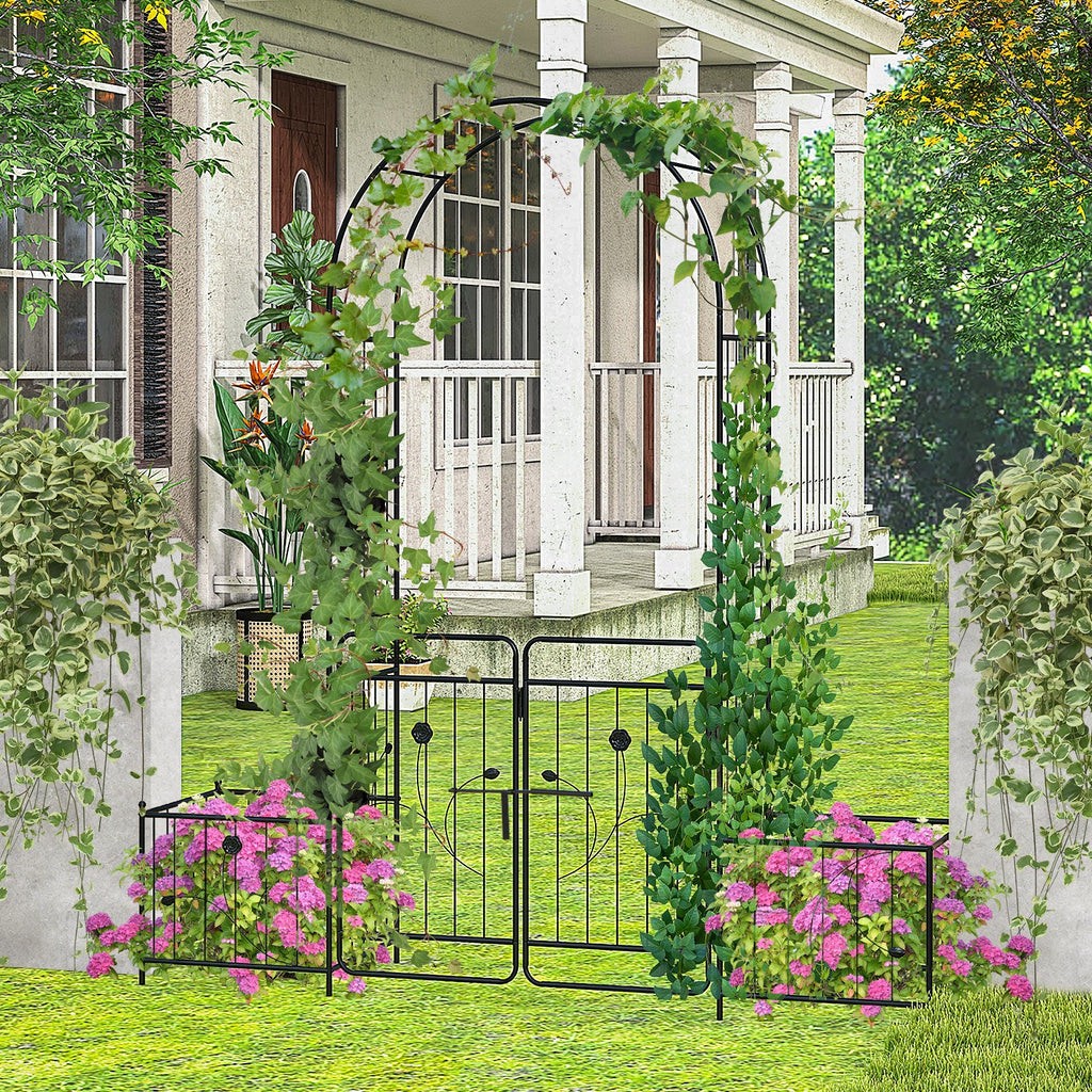 87 Inches Garden Arbor with Lockable Gate Side Planters-Black