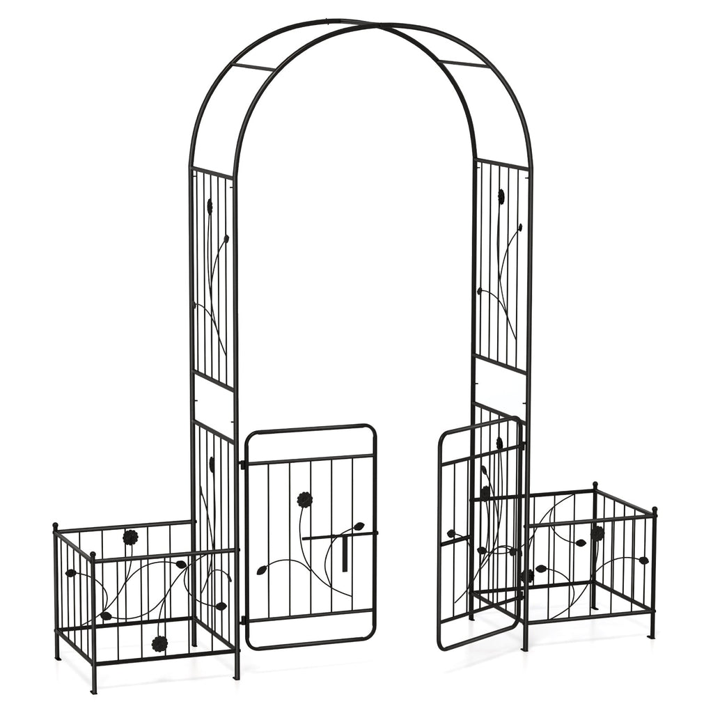 87 Inches Garden Arbor with Lockable Gate Side Planters-Black