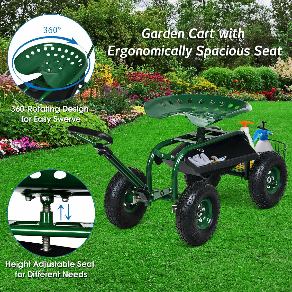 Heavy Duty Garden Cart with Tool Tray and 360 Swivel Seat-Green
