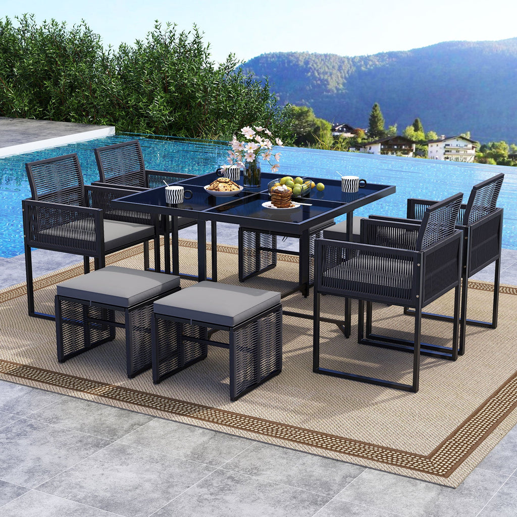 9 Pieces Patio Dining Set with Cushions for Yard Garden-Gray