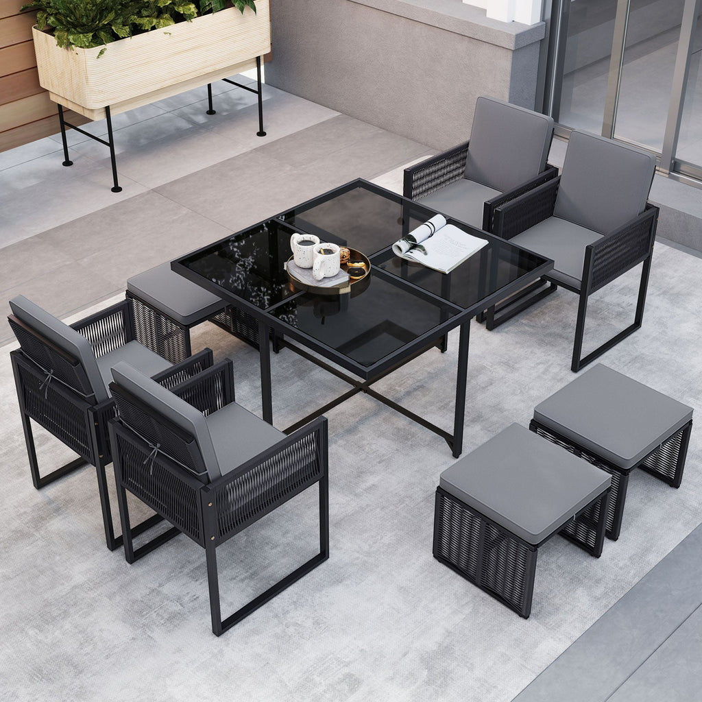 9 Pieces Patio Dining Set with Cushions for Yard Garden-Gray
