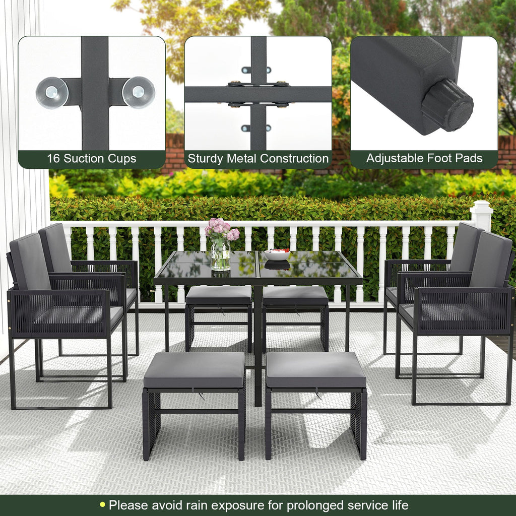 9 Pieces Patio Dining Set with Cushions for Yard Garden-Gray