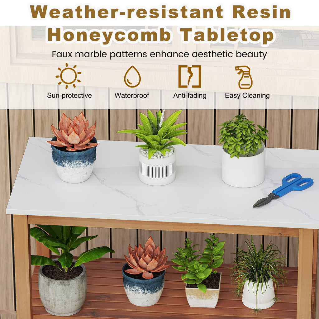 Outdoor Potting Bench Acacia Wood Garden Potting Table Planting Work Bench Station with Louvered Doors