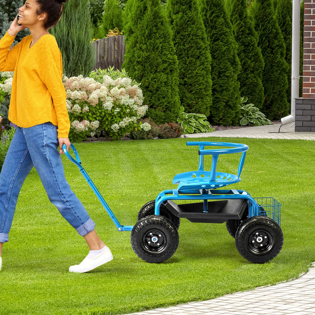 Cushioned Rolling Garden Cart Scooter with Storage Basket and Tool Pouch-Blue