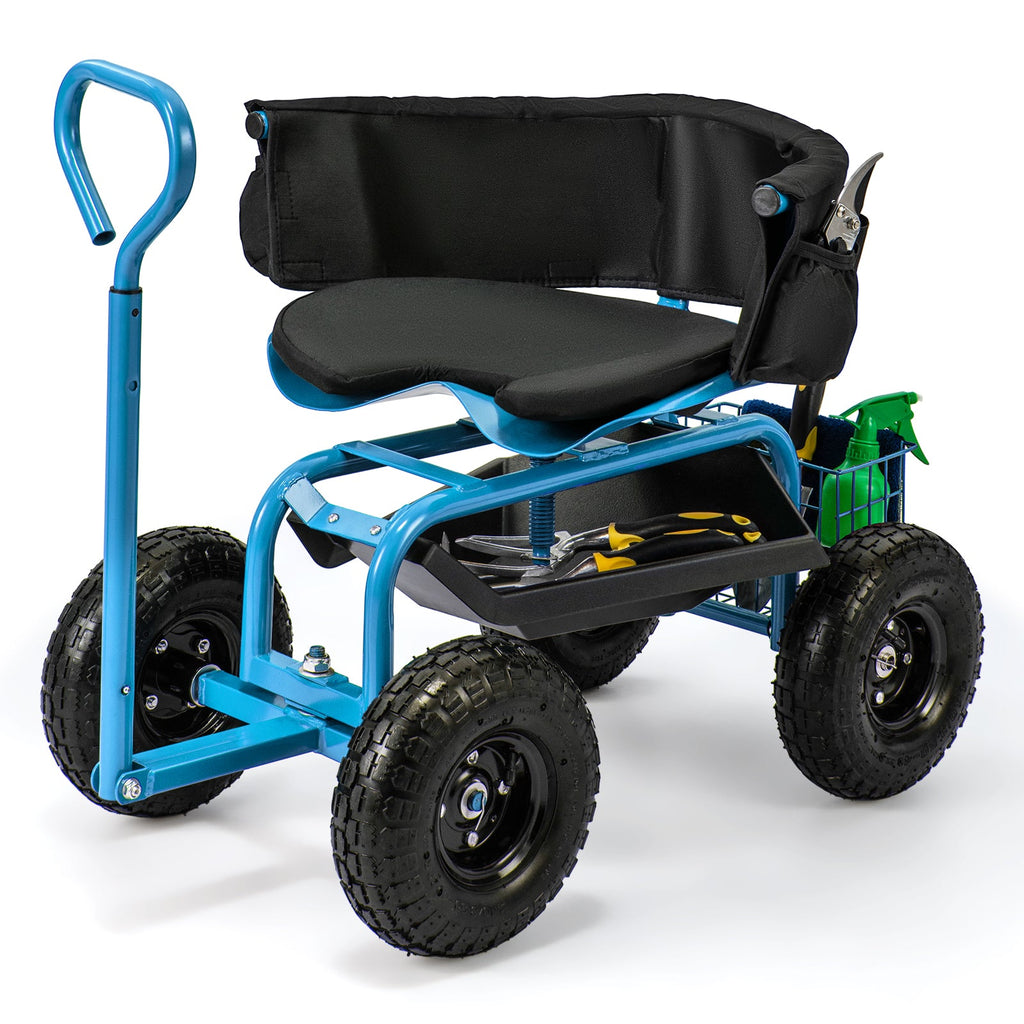 Cushioned Rolling Garden Cart Scooter with Storage Basket and Tool Pouch-Blue