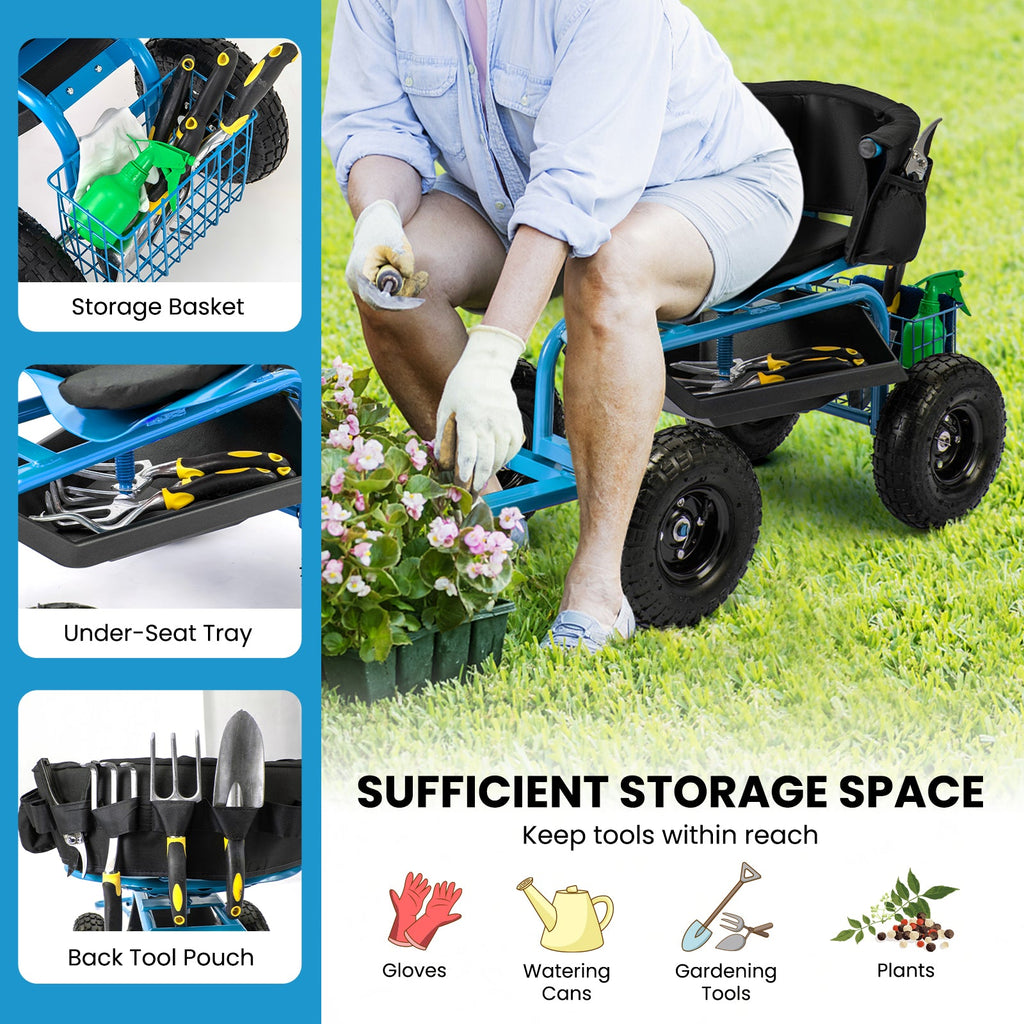 Cushioned Rolling Garden Cart Scooter with Storage Basket and Tool Pouch-Blue