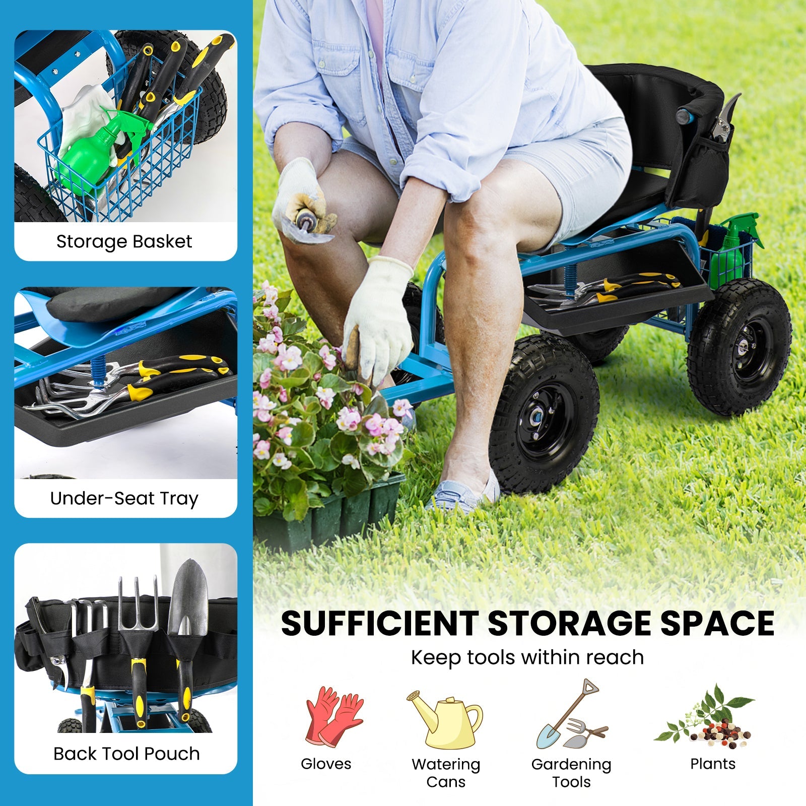 Cushioned Rolling Garden Cart Scooter with Storage Basket and Tool Pouch-Blue