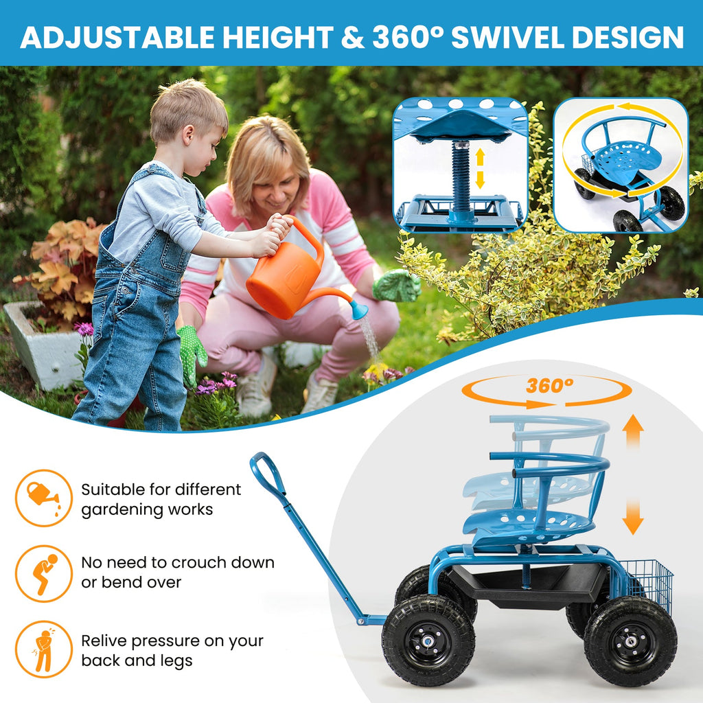 Cushioned Rolling Garden Cart Scooter with Storage Basket and Tool Pouch-Blue